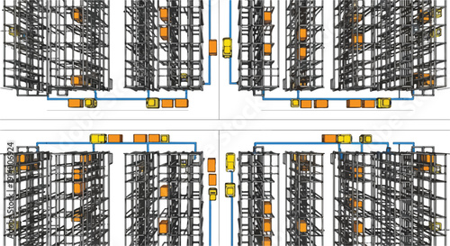 Industrial warehouse storage racks with orange boxes viewed from above in a grid pattern