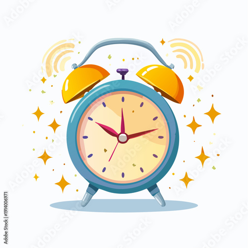 Vibrant Cartoon Alarm Clock Ringing Loudly with Sparkling Stars for Morning Wake-up or Important Reminder