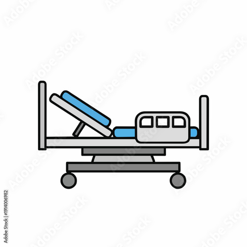 Adjustable Hospital Bed With Blue Mattress And Silver Frame On Wheels In A Medical Facility