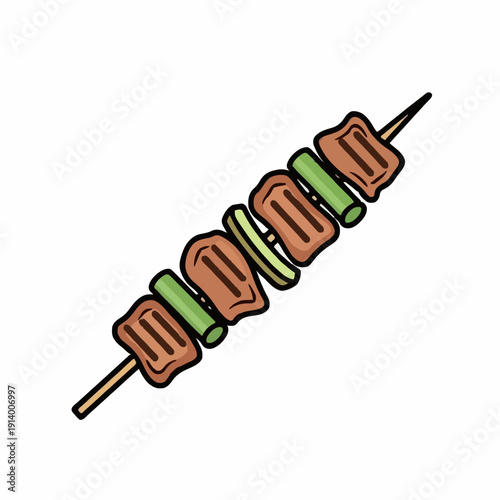 Grilled Meat and Vegetable Skewer with Brown and Green Chunks on a White Background