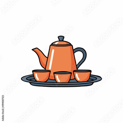 Orange Enamel Teapot With Three Cups On A Tray With A White Background