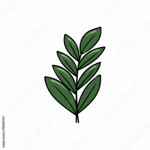 A single green branch with multiple oval shaped leaves on a white background in a simple drawing style