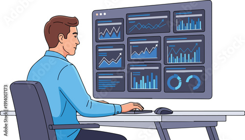 Man analyzing data on a large computer screen with various charts and graphs displayed
