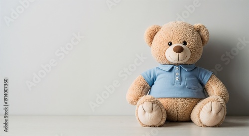 A stuffed teddy bear in a blue polo shirt on a white background, great for toy store catalogs, children's brand mascots, and simple character photography.