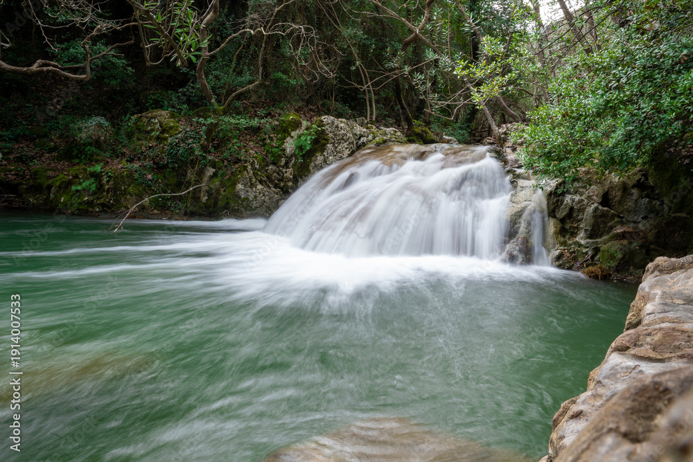 Obraz premium Masive Polylimnio Waterfalls after rain In Messinia of Greece