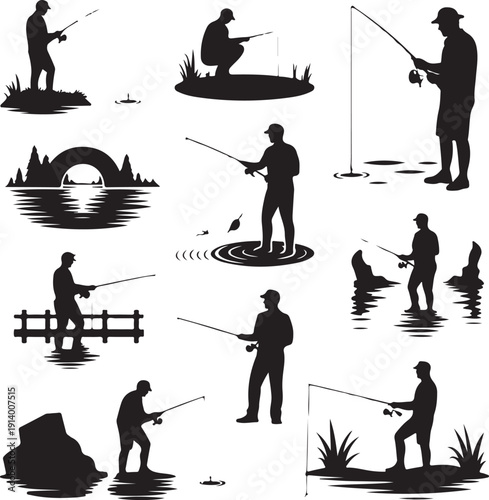 Silhouette of people fishing in various positions and locations  recreational activity