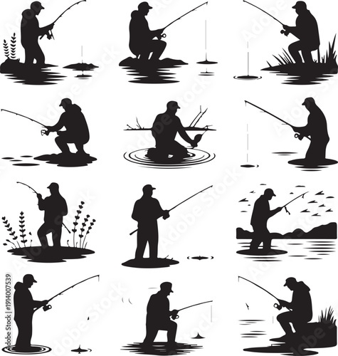 Silhouettes of people fishing in various poses on riverbank and in water