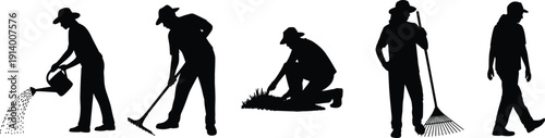 Silhouettes of people gardening watering raking and planting on white background