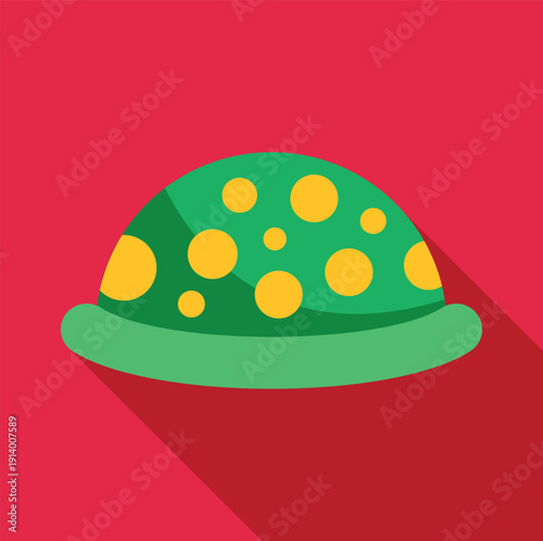 Green turtle shell with yellow spots on red background displaying flat design style