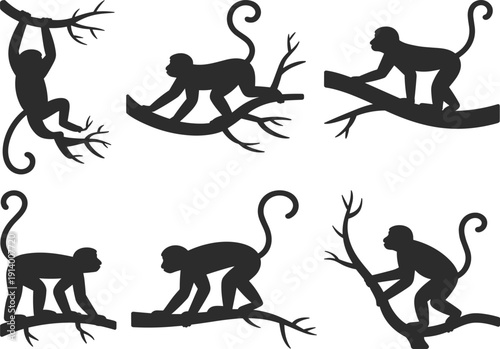 Six black silhouette monkeys perched and hanging on tree branches against a white background