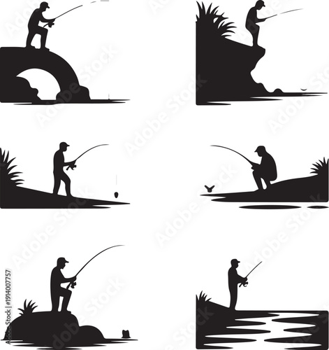 silhouette of people fishing in various positions and locations  recreational activity
