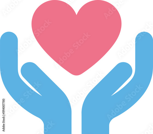 Hands holding a pink heart icon symbol for love care charity health and support