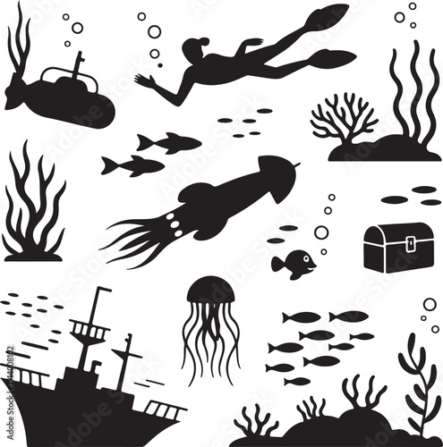 underwater ocean scene with scuba diver and sea creatures