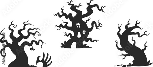 Three black silhouette spooky gnarled trees with windows and a spider on white background