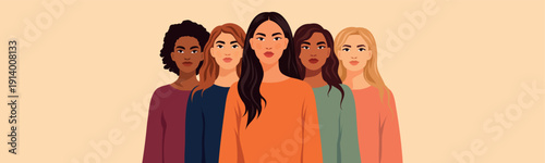 Women's Day, March 8. Vector vertical banner, women of different cultures, nationalities standing together. Supporting diversity, feminism, freedom, the gender equality movement, women's empowerment