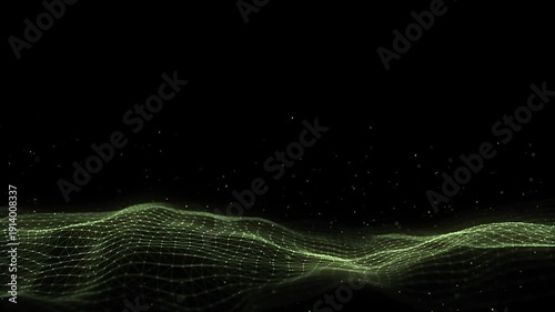 Digital technology wave with dust. Dark cyberspace with green motion dots and lines. Futuristic digital background. Big data analytics. 3d rendering.