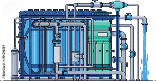Technical illustration of industrial machinery and piping system with various components and water flow