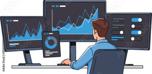 A man analyzing data on multiple computer screens with graphs and charts displayed