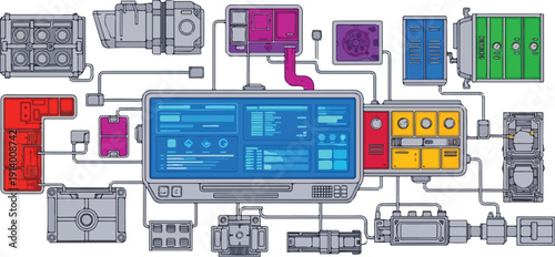 Technical illustration of machinery components and control panel with various colored elements and wiring