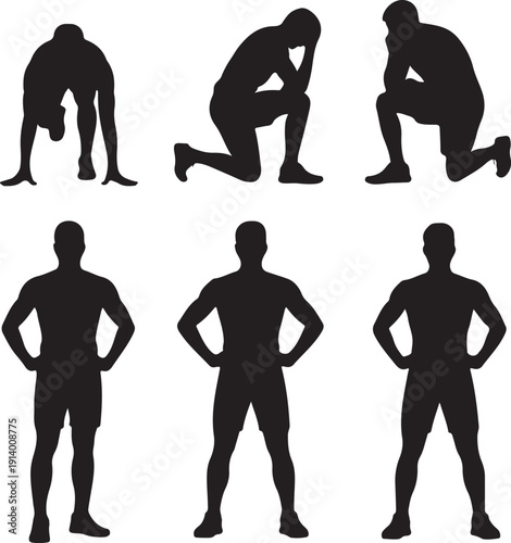 silhouette of people in various poses on white background