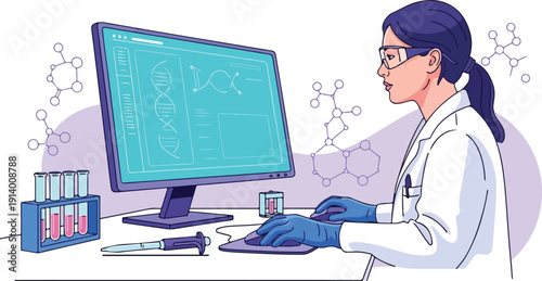 Scientist analyzing molecular structures on computer screen in laboratory setting