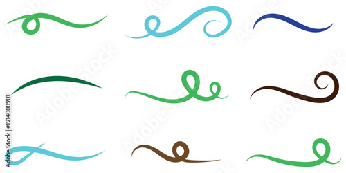 Collection of nine elegant decorative swash calligraphic design elements in various colors on white background