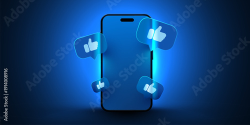Modern smartphone with glowing blue screen surrounded by social media like icons. Concept of online communication and digital connection. Vector illustration