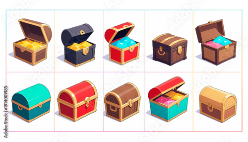 flat vector treasure chest icons in one image, arranged in a clean 2x3 grid layout, modern flat design, consistent style, bright vibrant colors