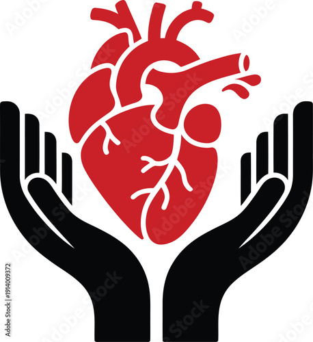 Hands holding a red human heart icon, symbolizing cardiac care, health, and medical protection