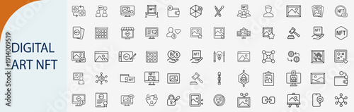 Digital art NFT and blockchain technology icons set, outline symbols for crypto collectible non-fungible tokens virtual asset and digital marketplace vector illustration