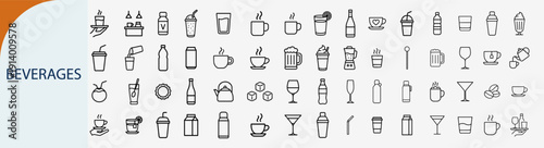 Beverages and drinks icons set, outline symbols for coffee tea soda alcohol cocktail refreshment and restaurant menu vector illustration