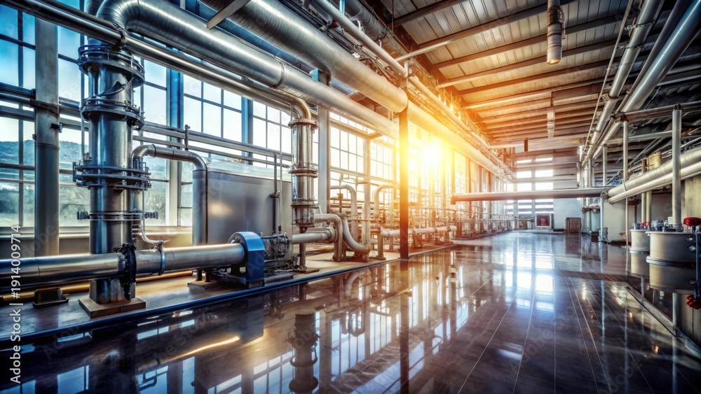 Fototapeta premium Industrial Facility Featuring Pipes and Modern Machinery at Sunset