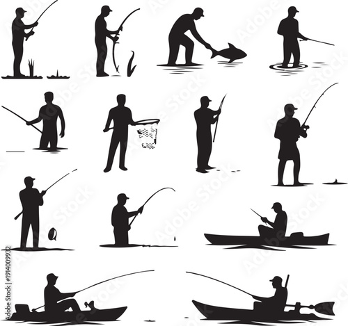 silhouette of various men fishing on river and in boats  recreational activity