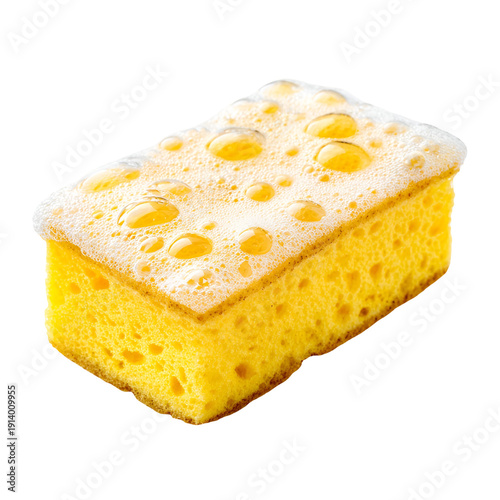 Yellow kitchen sponge with white foam and bubbles
