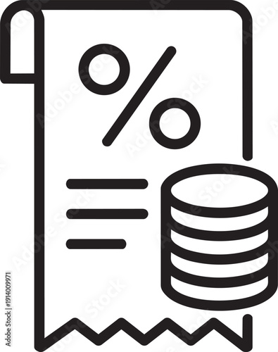 Paper receipt line icon with percentage sign and coins representing tax deduction or shopping discount bill