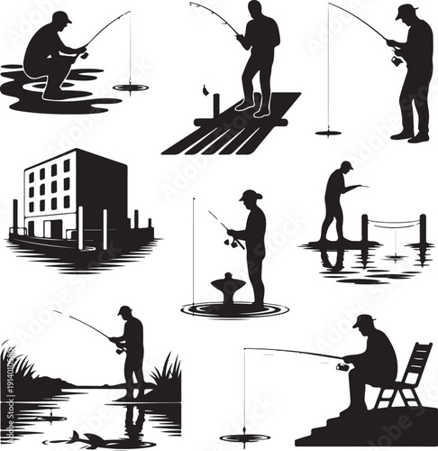 Silhouettes of people fishing in various poses and locations outdoors