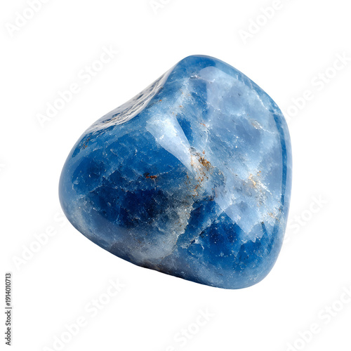Smooth tumbled blue apatite gemstone on a white background