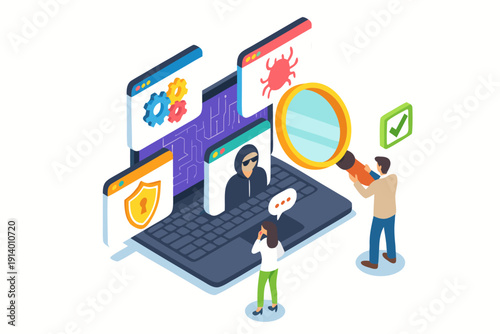 A vector graphic illustration of cybersecurity and virus protection concept