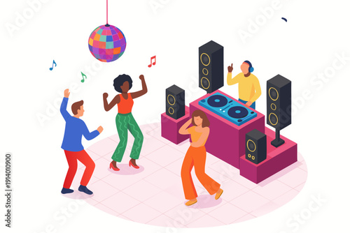 A vibrant illustration of people dancing at a colorful party with a DJ
