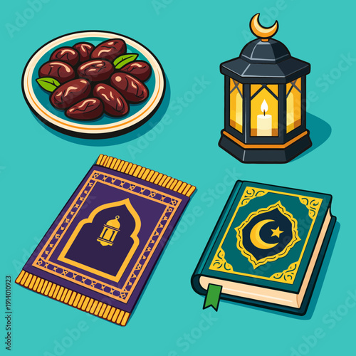 An illustration featuring Islamic religious items including dates, a lantern, a prayer mat, and the Quran, set against a teal background.