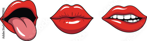 Set of red cartoon lips with tongue out, closed kiss lips and smiling teeth expression, sexy lipstick mouth collection, pop art style isolated.