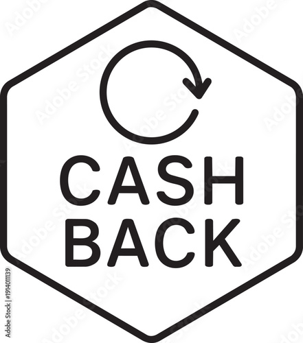 Hexagonal line icon badge with cash back text representing promotional refund offer and loyalty reward program