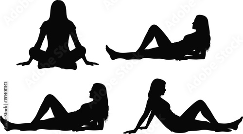Woman silhouette set isolated on white background featuring sitting and reclining female poses