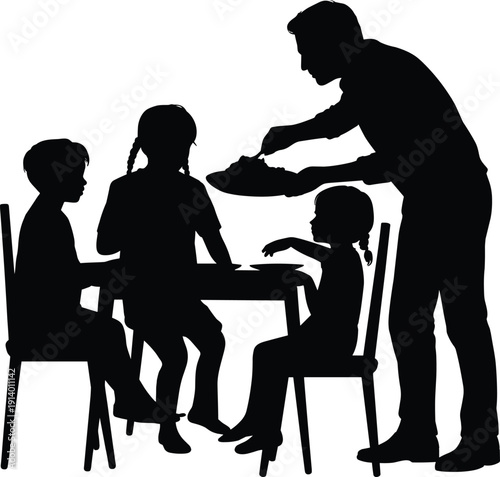 Silhouette of father serving food to children at dining table, family dinner scene, parenting concept, happy household mealtime, fatherhood and care isolated on white background.