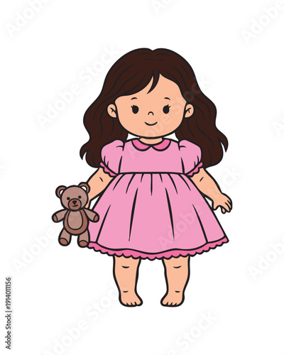 Sweet Little Girl in Pink Dress Holding a Small Brown Teddy Bear