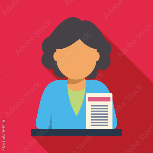 Woman newsreader presenting document on a dark red background