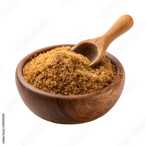 Wooden bowl filled with brown sugar and a wooden scoop on white background