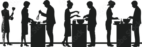 Silhouette of people cooking together in kitchen, group preparing food on counter, teamwork and home cooking concept, culinary class scene isolated on white background.