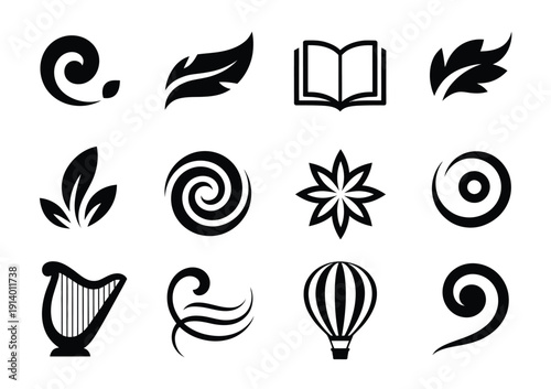 Vector graphic collection of various black swirl and leaf icons on a white background