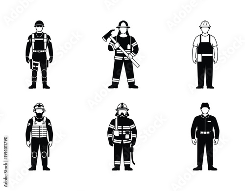 Vector illustrations of six emergency responders in various uniforms and equipment